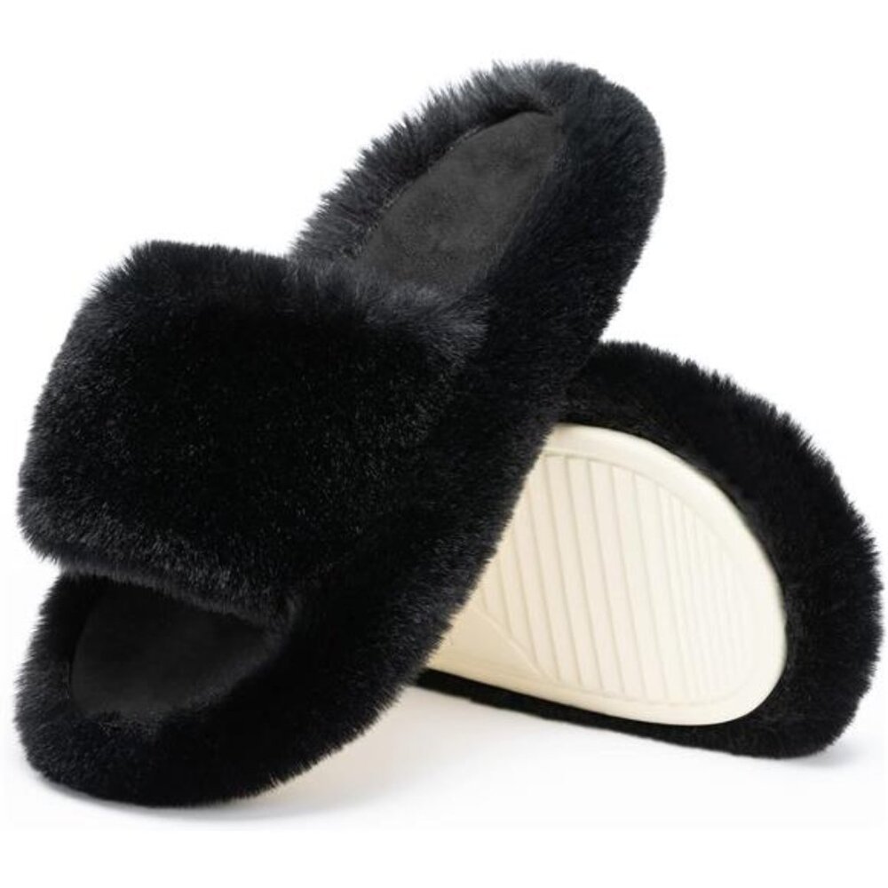Women's Fuzzy Memory Foam Bedroom Slippers, Black